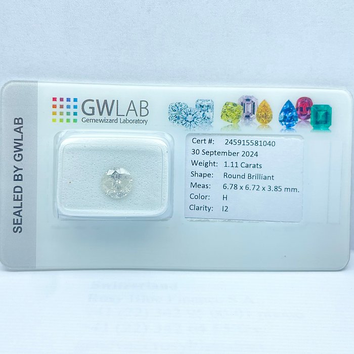 Ingen mindstepris - 1 pcs Diamant  (Natur)  - 1.11 ct - Rund - H - I2 - Gemewizard Gemological Laboratory (GWLab)