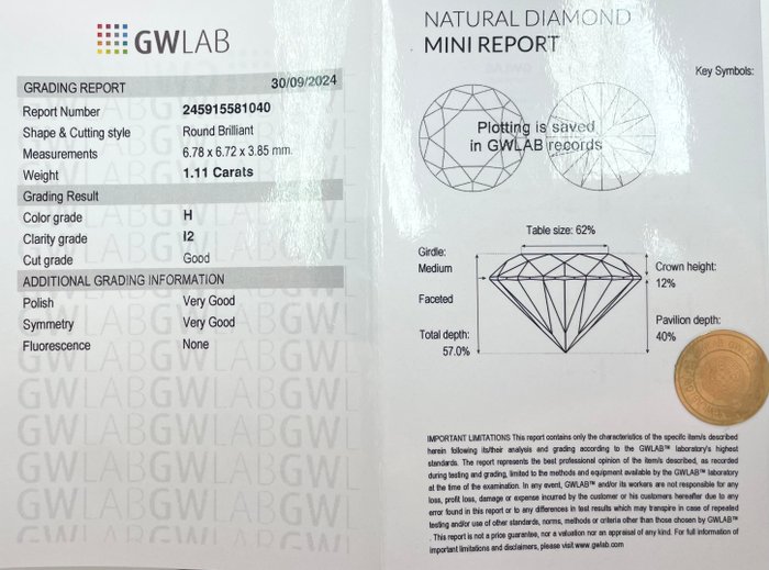 Ingen mindstepris - 1 pcs Diamant  (Natur)  - 1.11 ct - Rund - H - I2 - Gemewizard Gemological Laboratory (GWLab)