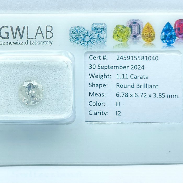 Ingen mindstepris - 1 pcs Diamant  (Natur)  - 1.11 ct - Rund - H - I2 - Gemewizard Gemological Laboratory (GWLab)