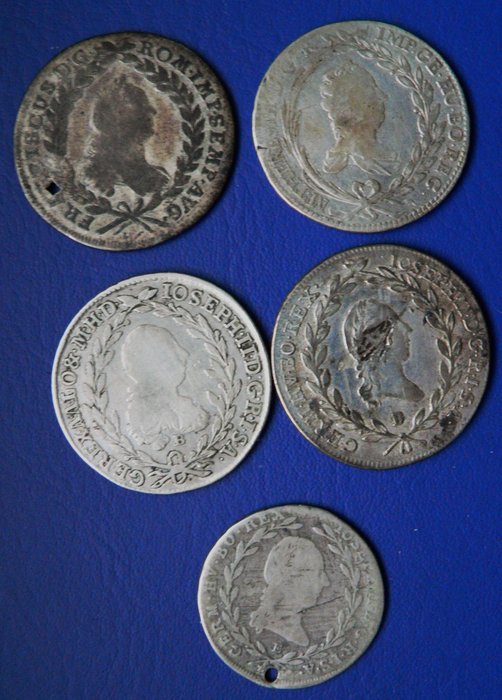 Østrig. Kaiser des röm.Reiches Deutscher Nation: Franz Stephan,Maria Theresia,Josef I.-1756-1790. Lot of Kreuzer pieces (5 pieces silver) 1756,1764,1777,1787,1790,  (Ingen mindstepris)