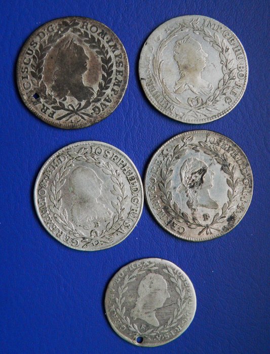 Østrig. Kaiser des röm.Reiches Deutscher Nation: Franz Stephan,Maria Theresia,Josef I.-1756-1790. Lot of Kreuzer pieces (5 pieces silver) 1756,1764,1777,1787,1790,  (Ingen mindstepris)