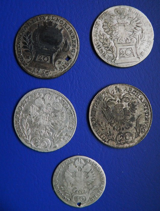 Østrig. Kaiser des röm.Reiches Deutscher Nation: Franz Stephan,Maria Theresia,Josef I.-1756-1790. Lot of Kreuzer pieces (5 pieces silver) 1756,1764,1777,1787,1790,  (Ingen mindstepris)