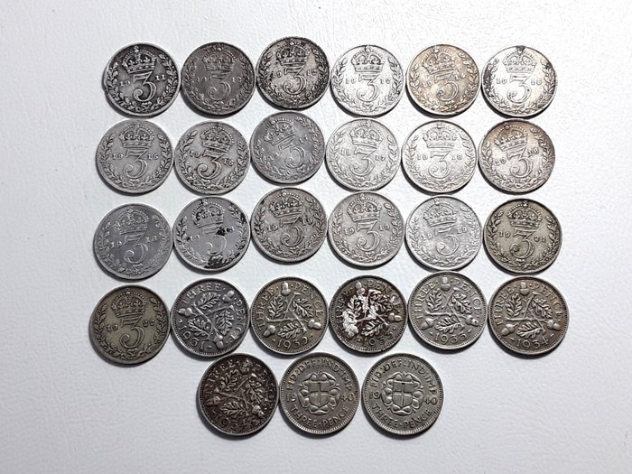 Storbritannien A Lot of 27x Silver Threepence Coins 1911-1940  (Ingen mindstepris)