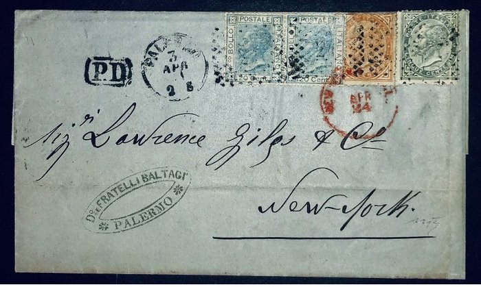 Italien  - Italiensk regno 20+20+10+5 Cent 1871 Palermo lettera PD Stati Uniti New York rara