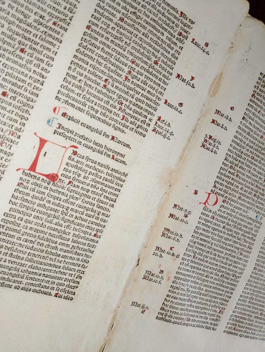 Nicolaus de Lyra - Sheet from Incunable Biblia (Marcus-Lucas) latina Venice Italy incunabolo Bibbia - 1482