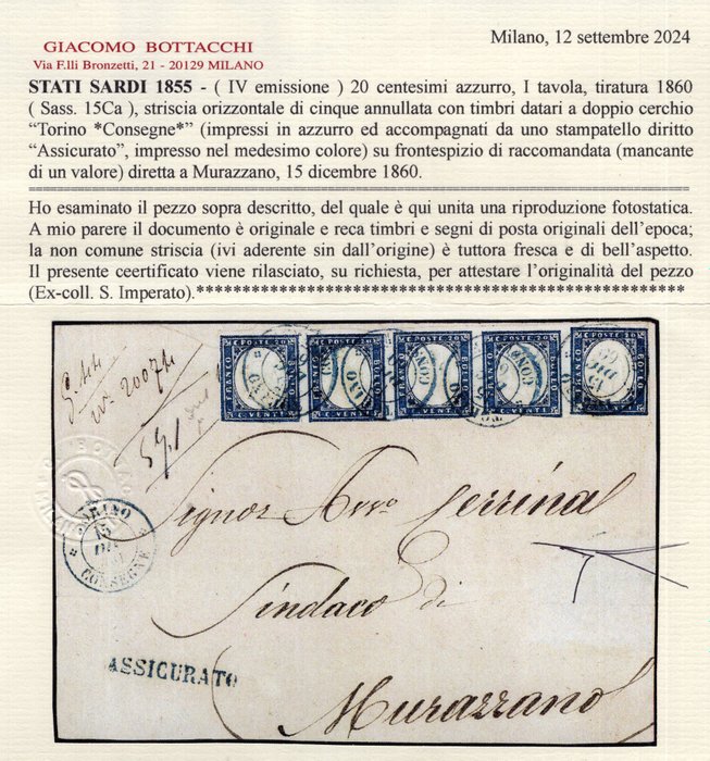 Antikke Italienske Stater - Sardinien 1860 - 20c. lyseblå stribe af 5 brugt på forsiden af et anbefalet brev, annulleret "Torino *Leveringer*" - Sass. n° 15Ca