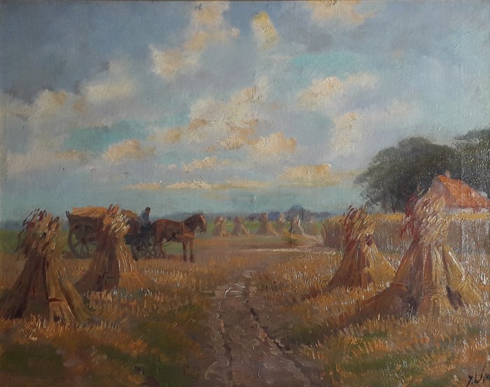 Hollandsk skole (XX) - Zonnig landschap met paard en wagen + korenschoven