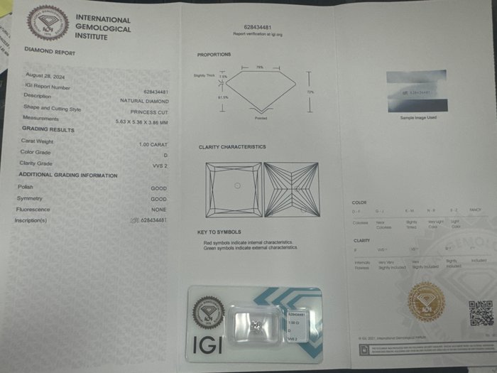 1 pcs Diamant  (Natur)  - 1.00 ct - D (farveløs) - VVS2 - International Gemological Institute (IGI)