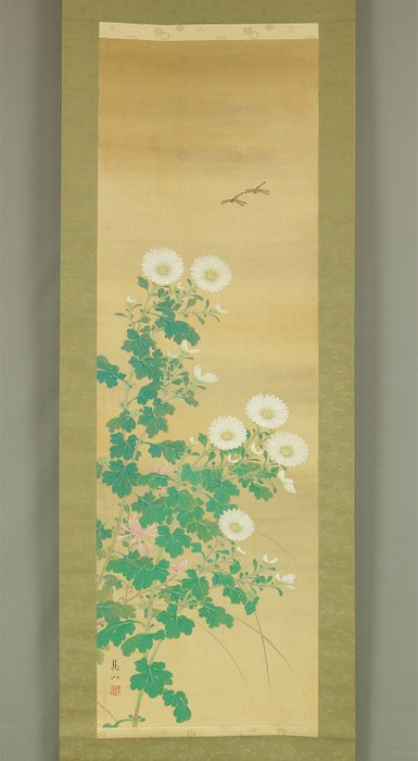 White Chrysanthemum and Dragonfly with Original Box (Tomobako) - with signature 'Ryumon' 龍門 - Japan  (Ingen mindstepris)