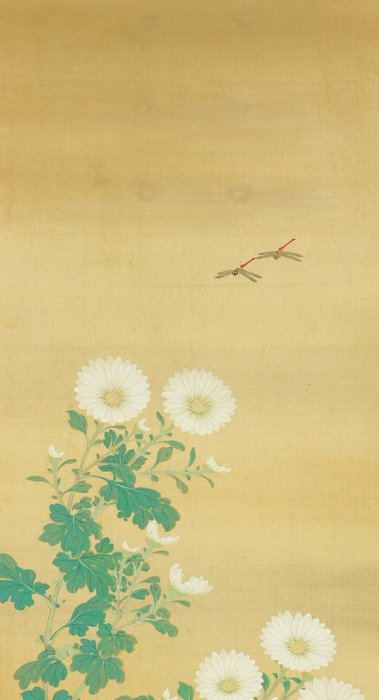 White Chrysanthemum and Dragonfly with Original Box (Tomobako) - with signature 'Ryumon' 龍門 - Japan  (Ingen mindstepris)