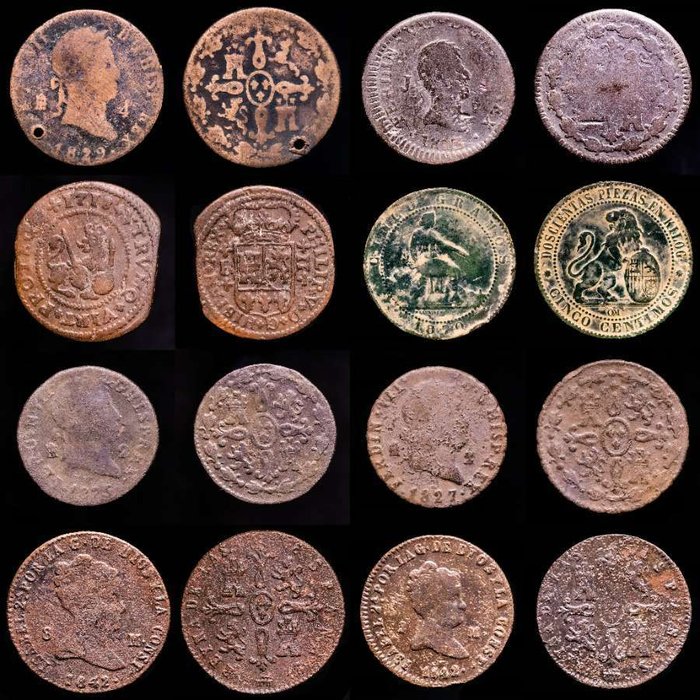 Spanien. Isabel II, Fernando VII, Gobierno Provisional y Felipe V. Lote de 8 monedas Lote de 8 españolas acuñadas entre los siglos XVIII y XIX  (Ingen mindstepris)