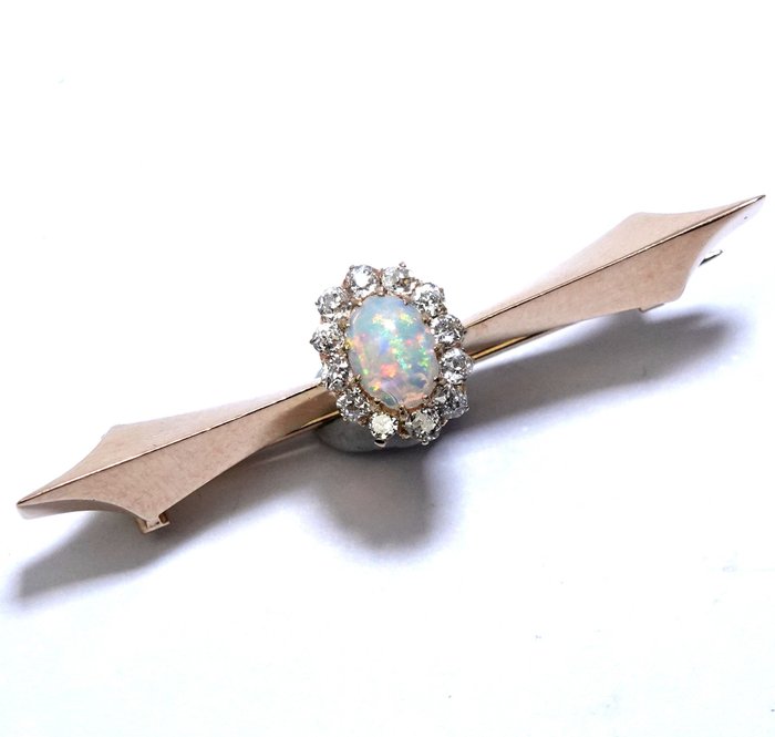 Broche - 14 karat Gulguld -  068ct tw Opal - Diamant