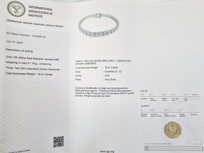 Tennisarmbånd - 14 karat Hvidguld -  16.41ct. tw. Diamant (Laboratoriedyrket)