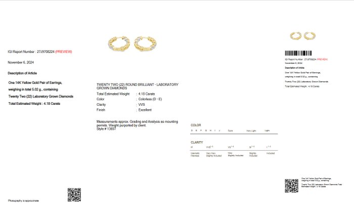 Ingen mindstepris - Ørestikkere - 14 karat Gulguld -  4.18ct. tw. Diamant (Laboratoriedyrket) - D-E VVS IGI-certificeret