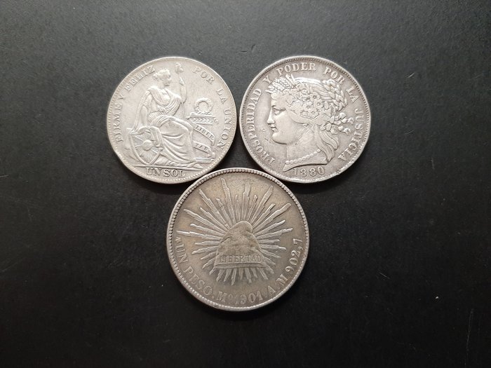 Mexico, Peru. Lot de 3 monnaies en argent, 1880/1934