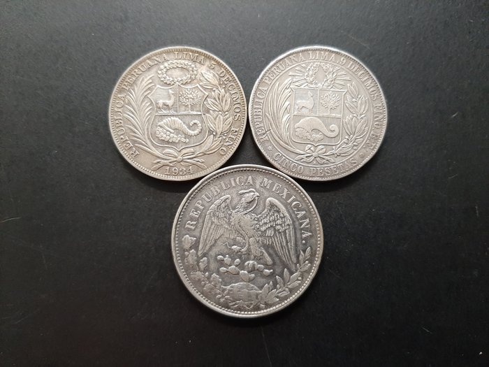 Mexico, Peru. Lot de 3 monnaies en argent, 1880/1934