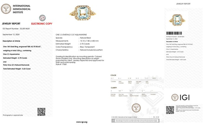 Ingen mindstepris - Ring - 14 karat Rosaguld -  3.13ct. tw. Akvamarin - Diamant - IGI 2,70 ct blå