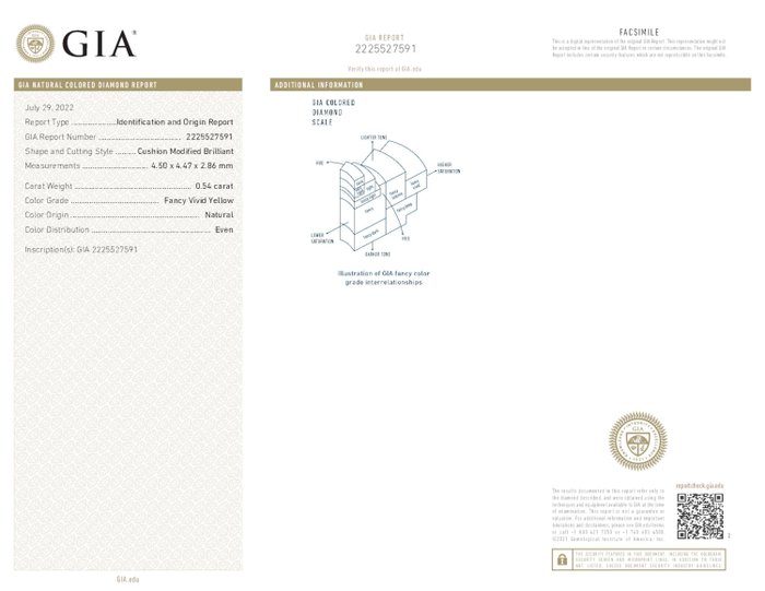 1 pcs Diamant  (Naturfarvet)  - 0.54 ct - Fancy vivid Gul - SI2 - Gemological Institute of America (GIA)