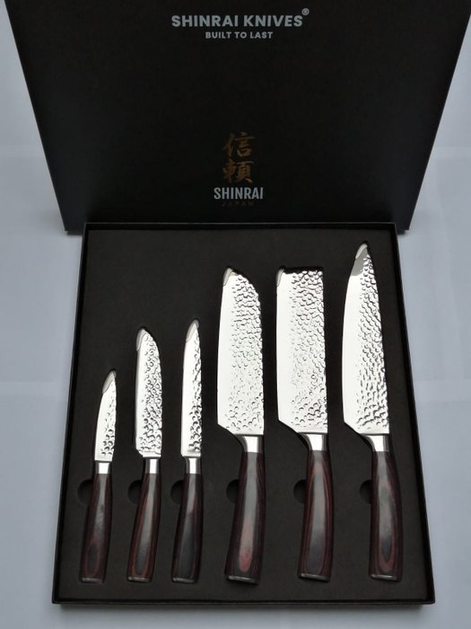 Shinrai Japan - 6 Piece professional knives set - Hammered Steel - Pakka Wood - Køkkenkniv - Rustfrit stål - Japan