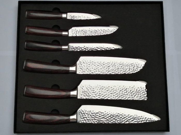 Shinrai Japan - 6 Piece professional knives set - Hammered Steel - Pakka Wood - Køkkenkniv - Rustfrit stål - Japan