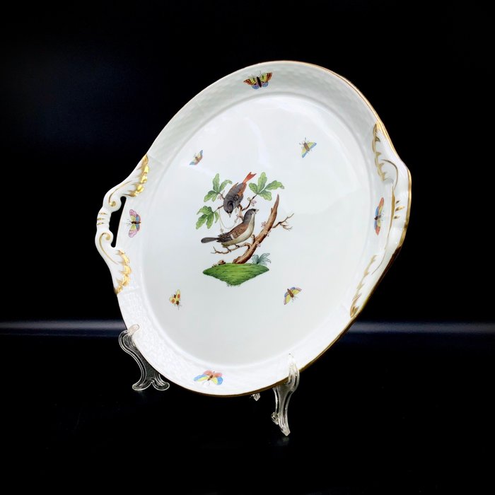 Herend - Exquisite Large Serving Platter with Handles (31,5 cm) - "Rothschild Bird" - Platte - Håndmalet porcelæn