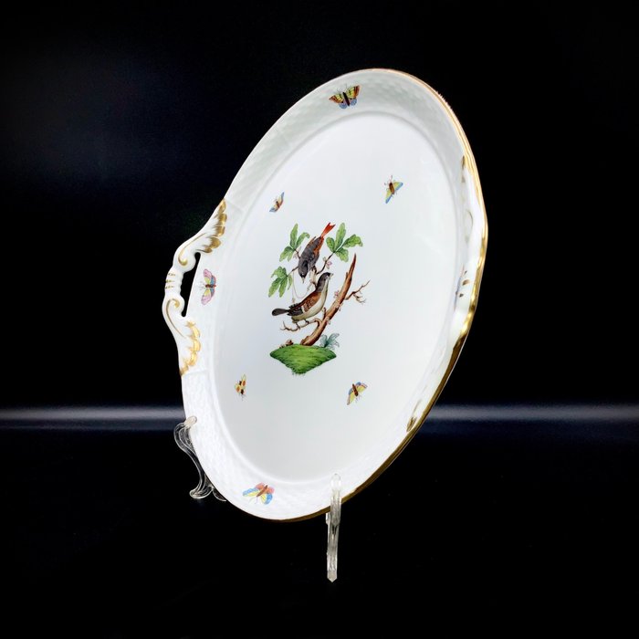 Herend - Exquisite Large Serving Platter with Handles (31,5 cm) - "Rothschild Bird" - Platte - Håndmalet porcelæn