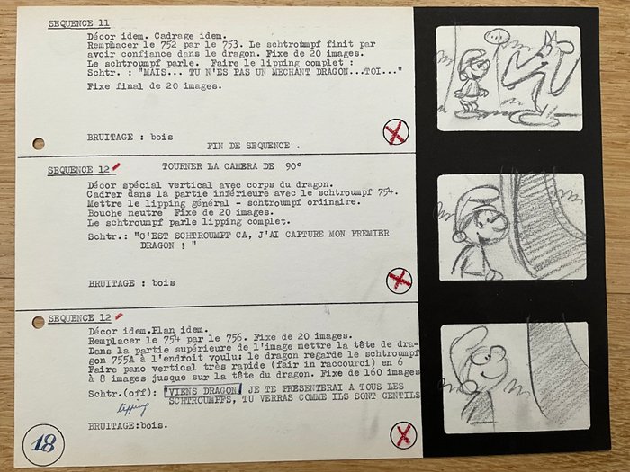 Peyo - 1 Originalt storyboard - Les Schtroumpfs - Page story board «  les Schtroumpfs » avec 3 crayonnes PEYO