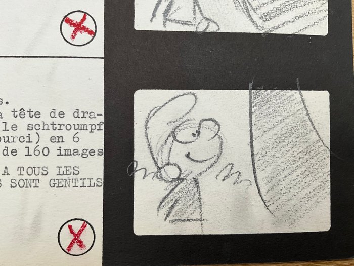 Peyo - 1 Originalt storyboard - Les Schtroumpfs - Page story board «  les Schtroumpfs » avec 3 crayonnes PEYO