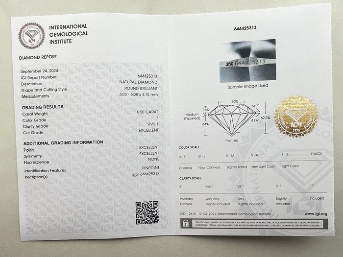 1 pcs Diamant  (Natur)  - 0.50 ct - Rund - F - VVS1 - International Gemological Institute (IGI)