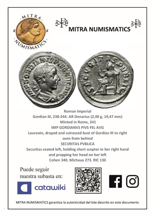 Romarriket. Gordian III (AD 238-244). Denarius Minted in Rome, 241. SECVRITAS PVBLICA