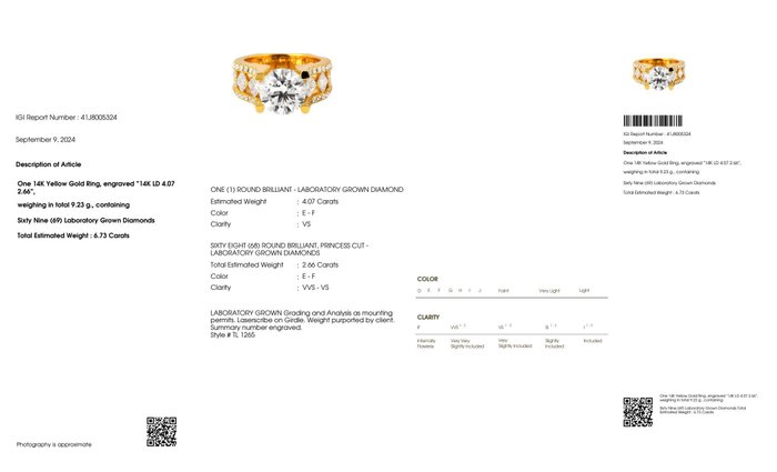 Ingen mindstepris - Ring - 14 karat Gulguld -  773ct tw Diamant (Laboratoriedyrket) - Diamant - IGI 407 CT Ideal E VS1