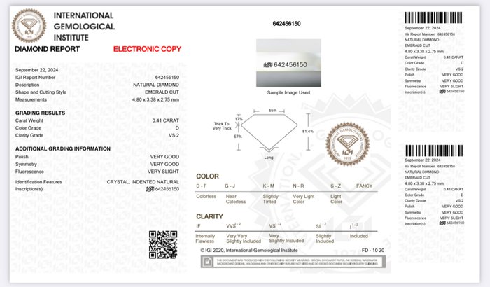 1 pcs Diamant  (Natur)  - 0.41 ct - Smaragd - D (farveløs) - VS2 - International Gemological Institute (IGI)