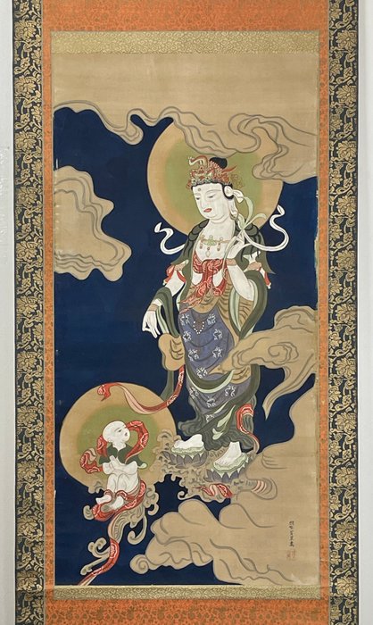 Maleri af Kannon - Antik buddhistisk kunst håndmalet på papir hængende - After Kanō Hōgai 狩野芳崖 - Japan - 20 - midt i (2 verdenskrig)