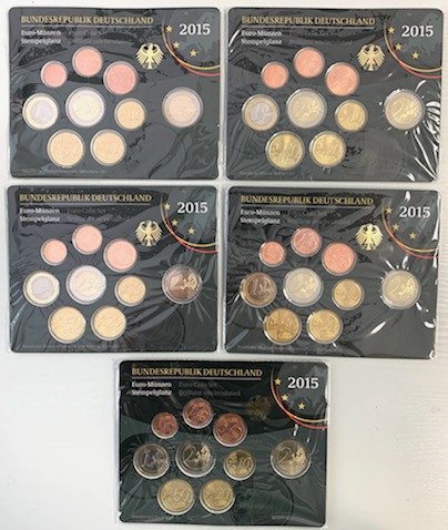 Tyskland. Proof Set 2015  "A, D, F, G, J" (5 sets)  (Ingen mindstepris)