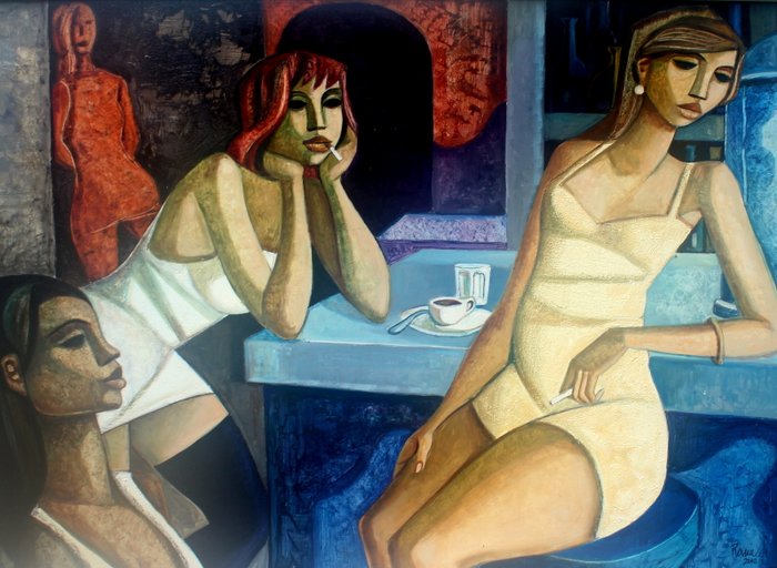 Lucio Ranucci (1925-2007) - Petit bar à Pigalle -  Importante huile sur toile - Cubisme réaliste