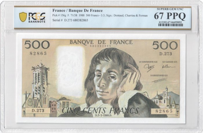 Frankrig. - 500 Francs - 03/03/1988 - Pascal - Pick 156g  (Ingen mindstepris)