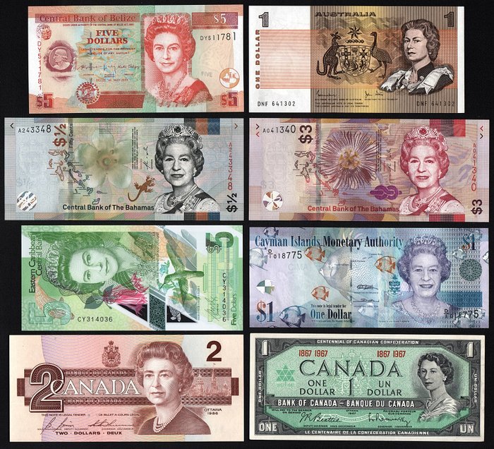 Verden. - Commonwealth - 8 Banknotes, all with image of Queen Elizabeth II - various dates  (Ingen mindstepris)