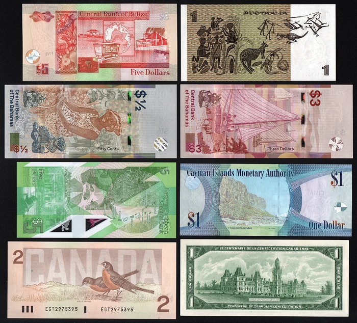 Verden. - Commonwealth - 8 Banknotes, all with image of Queen Elizabeth II - various dates  (Ingen mindstepris)