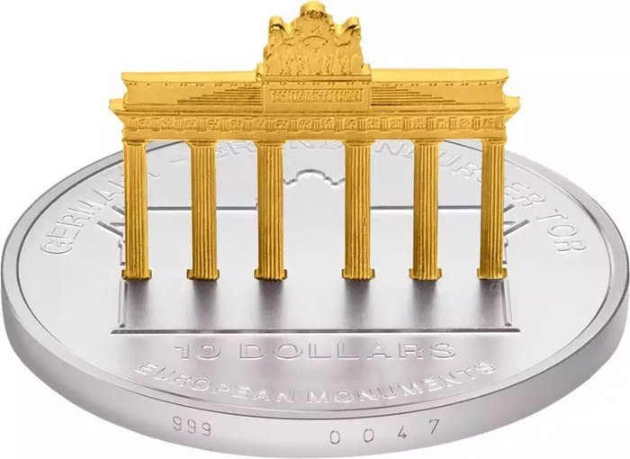 Nauru. 10 Dollars 2002 Skulpturmünze European Monuments Germany Brandenburger Tor, 1 Oz (.999)  (Ingen mindstepris)