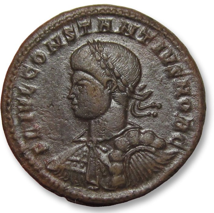 Romarriket Constantius II as Caesar under his father Constantine I Follis Treveri (Trier) mint circa 326 AD - mintmark STR(pellet in crescent) -