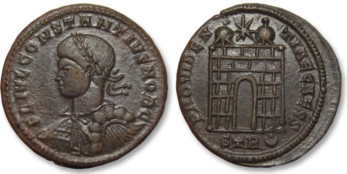 Romarriket Constantius II as Caesar under his father Constantine I Follis Treveri (Trier) mint circa 326 AD - mintmark STR(pellet in crescent) -