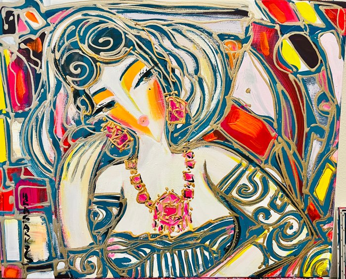 Hrasarkos (1975) - Femme au collier rubis - Huile sur toile avec châssis 54x65 cm