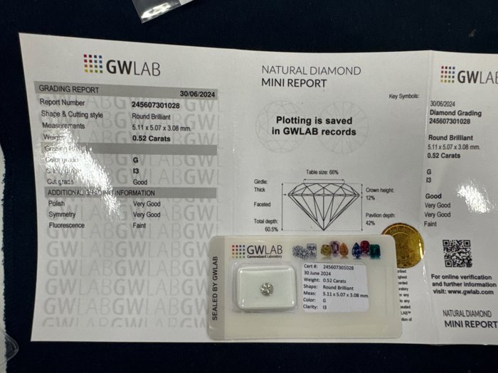 Ingen mindstepris - 1 pcs Diamant  (Natur)  - 0.52 ct - Rund - G - I3 - Gemewizard Gemological Laboratory (GWLab) - G i3