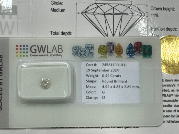 Ingen mindstepris - 1 pcs Diamant  (Natur)  - 0.42 ct - Rund - G - I2 - Gemewizard Gemological Laboratory (GWLab)