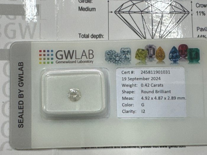 Ingen mindstepris - 1 pcs Diamant  (Natur)  - 0.42 ct - Rund - G - I2 - Gemewizard Gemological Laboratory (GWLab)