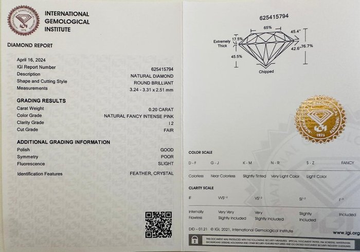 1 pcs Diamant  (Naturfarvet)  - 020 ct - Rund - Fancy intense Lyserød - I2 - International Gemological Institute (IGI)