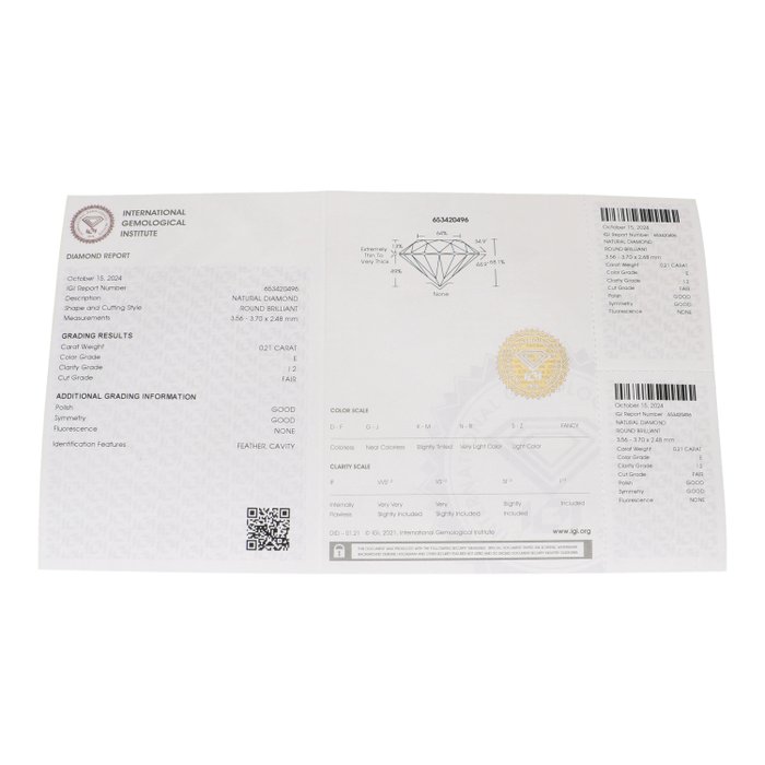 Ingen mindstepris - 1 pcs Diamant  (Natur)  - 0.21 ct - Rund - E - I2 - International Gemological Institute (IGI)