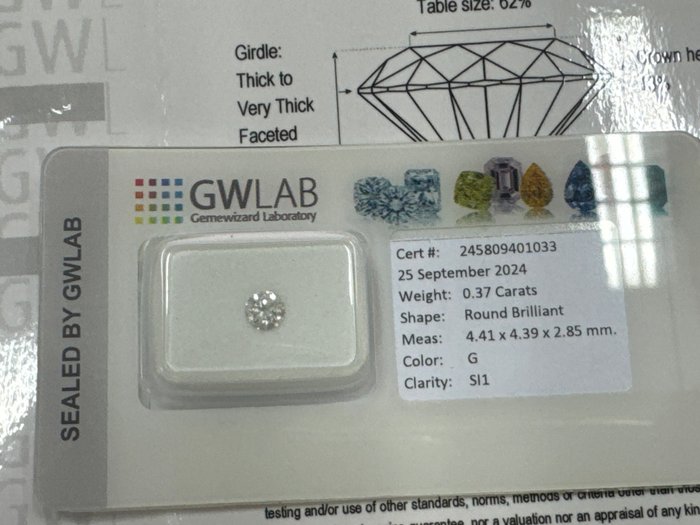 Ingen mindstepris - 1 pcs Diamant  (Natur)  - 0.37 ct - Rund - G - SI1 - Gemewizard Gemological Laboratory (GWLab)