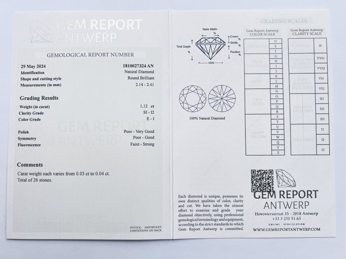 Ingen mindstepris - 26 pcs Diamant  (Natur)  - 1.12 ct - Rund - E, I - I1, I2, SI1, SI2 - Gem Report Antwerp (GRA)