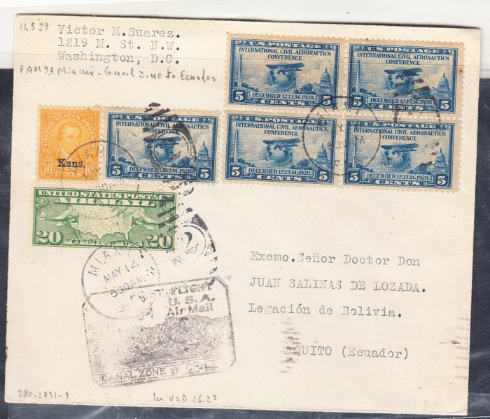 Förenta staterna 1929 - Air Envelope fra Miami til Quito Ecuador Via Canal Zone den 05/14/1929 med Fam 9 - Scott diversi numeri